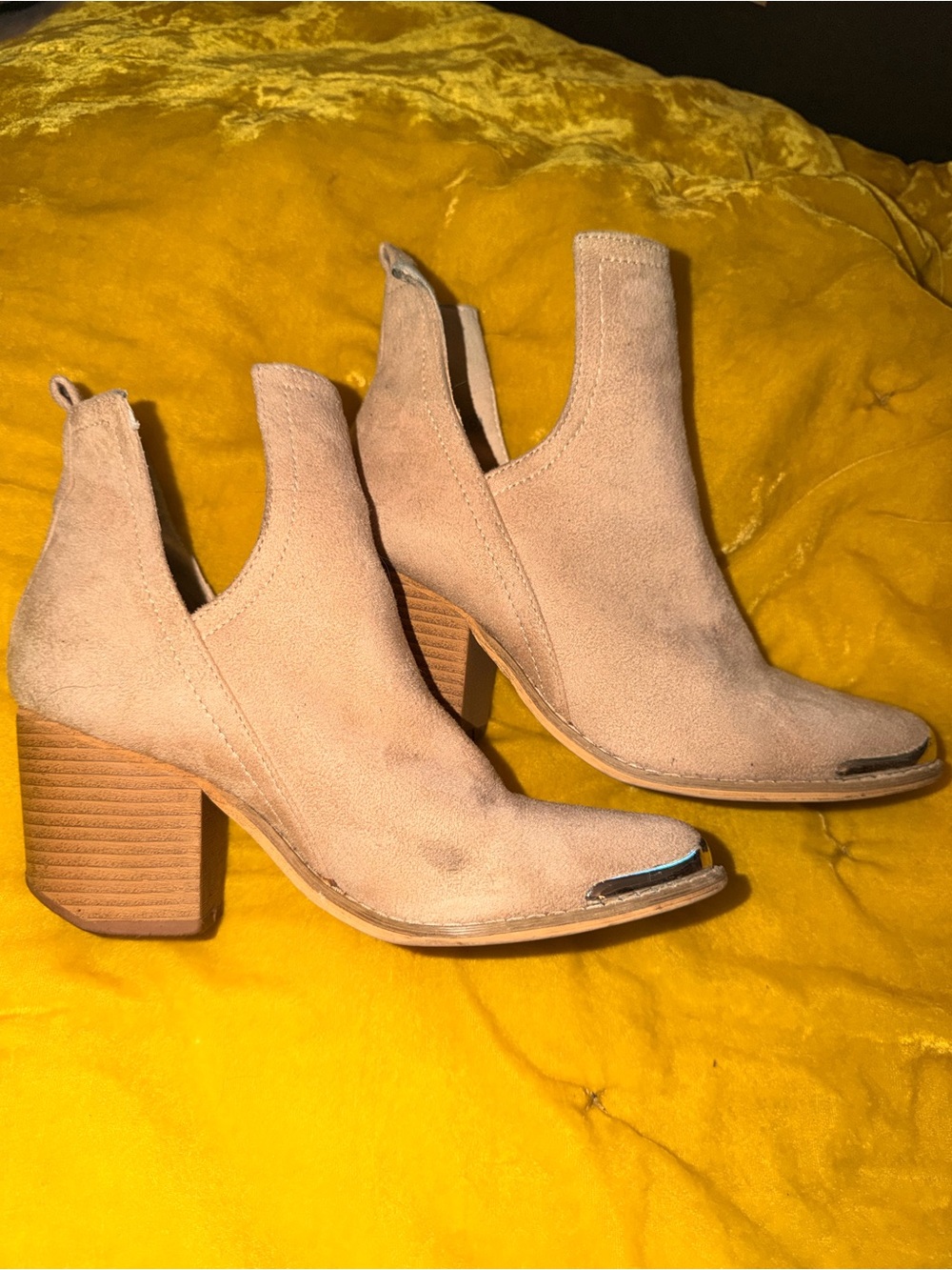 Suede Cutout Block Heel Ankle Boots — Beige